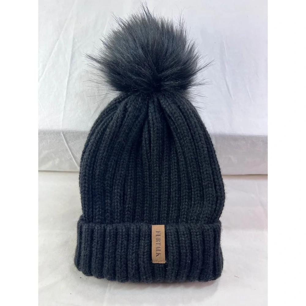 FURTALK Women Black Ribbed Knit Beanie Faux Fur Pom Pom Winter Hat